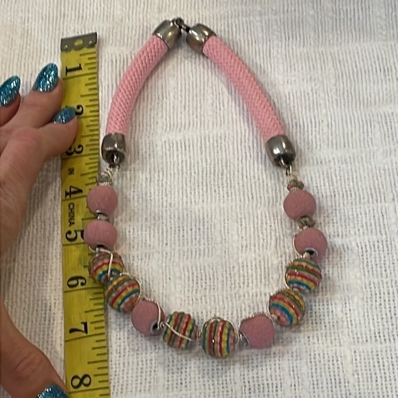 Light pink glass chunky bead large cord wire wrapped yellow green blue stripe - Picture 6 of 8